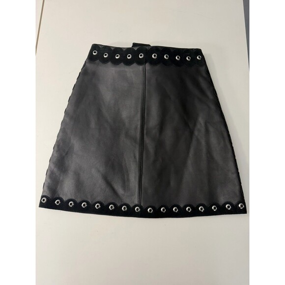 Maje Jarisco Jupe Coir Black Leather Mini Skirt  Rommet Suede Accent Trim Sz 34 - Picture 2 of 7
